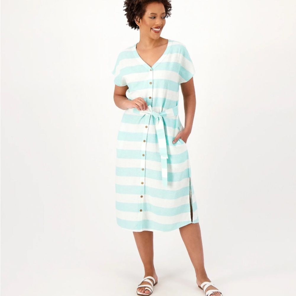 Denim & Co. Beach Petite Striped Long Shirt Dress Cover-Up 1X Petite